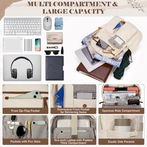 Women's Beige 15.6in Waterproof Work Travel Backpacks With Usb Charger Port - Picture 2 of 6